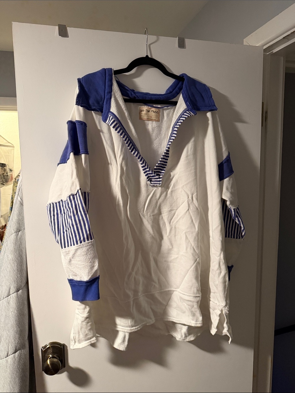 Free People White Hooded Men's Pullover with Blue Stripe Accents